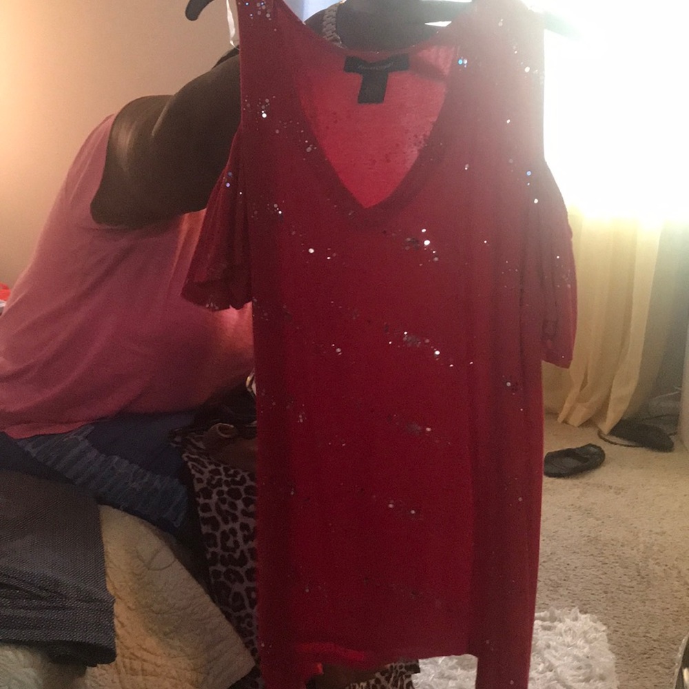 Red sequence off the shoulder shirt
